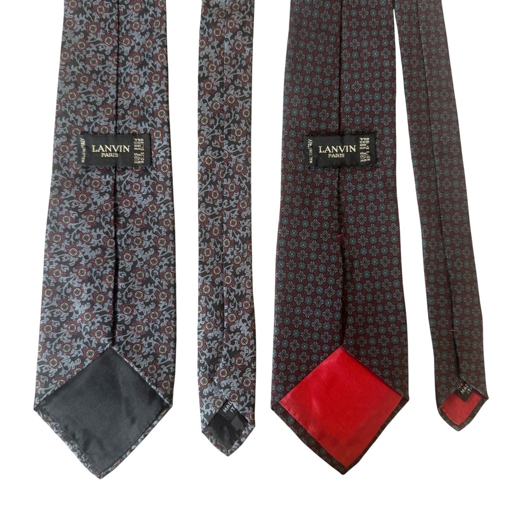 Lanvin Paris Silk Tie Set Bundle 2 Floral Geometric Grey Burgundy Made in Italy - Picture 6 of 8